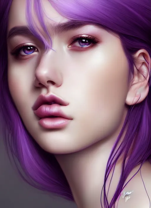 Prompt: beautiful girl with purple hair, soft lighting, realistic wide angle, wonderful lips and eyes, white skin, sharp focus, 8 k high, 6 4 megapixel, insanely detailed, intricate, elegant, art by artgerm and wlop