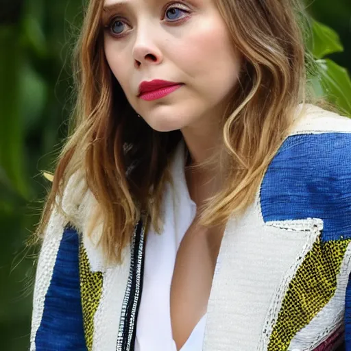 Prompt: elizabeth olsen thinking about her life in a white chair in rio de janeiro