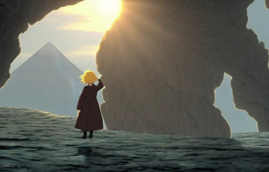 Prompt: a movie still from howl's moving castle ( 2 0 0 4 ). realistic cell - shaded cartoon of a monk in a grey robe in the background is a white pristine pyramid in the ocean. shafts of sunlight come from above. wide shot, very dull muted colors, hd, 4 k, hq