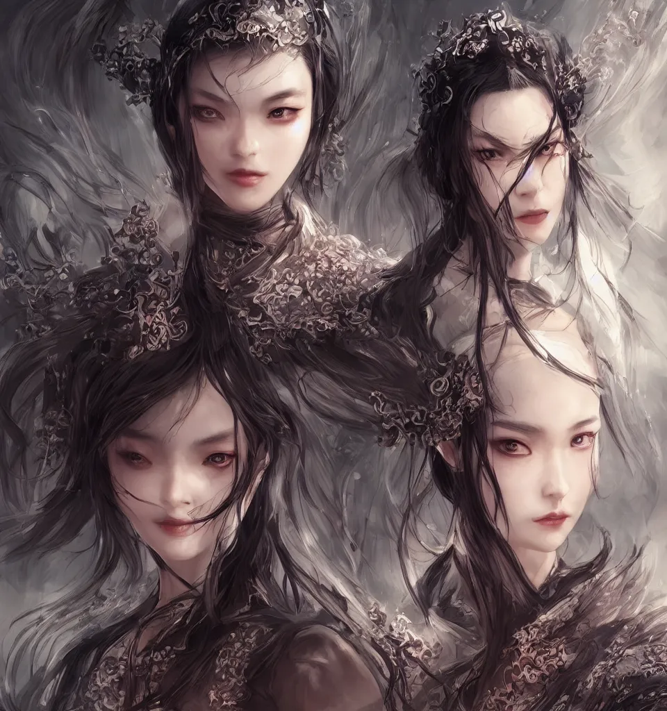 Image similar to a beautiful woman's face, wuxia, artgerm, elegant, concept art, gothic cathedral ， highly detailed, artstation, behance, deviantart, by wlop and ayami kojima, trending ， character concept post - processing