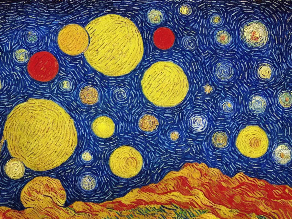 Image similar to A beautiful painting of a five planets by Gioele Muscolino Van Gogh, There are only five planets that are black, white, yellow, red, and blue, behind the galaxy and the universe, Trending on artstation, starry sky