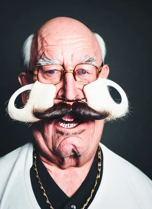 Image similar to dslr portrait photo still of!!! wilfred brimley!!!!!! white mustache mustache is white white white white mustache!!! as a gangsta rapper with gold chains and gold teeth grills growling at camera, 8 k, 8 5 mm f 1. 8