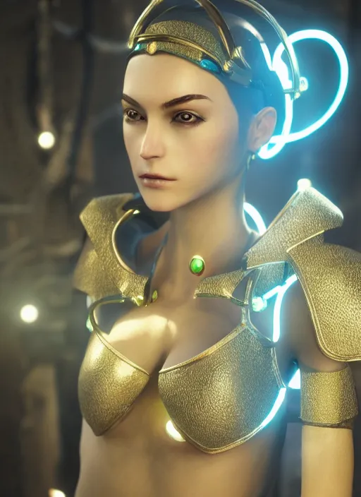Prompt: female character, delicate features, proportional figure. cyberpunk, kaycee rice. neopunk armor, intricate jewelry, gemstones, gold. ultra realistic. fine details. volumetric light. unreal engine, 8 k