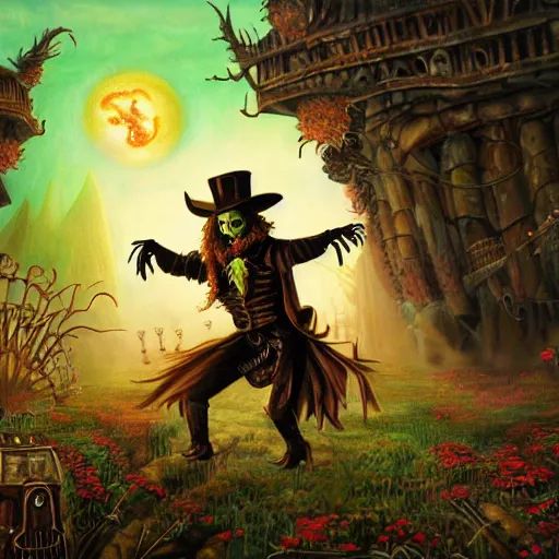 Prompt: detailed fantasy painting of steampunk Scarecrow from Wizard of Oz stealing brains from people in the Emerald City, 8k resolution