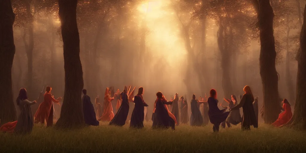 Image similar to masterpiece demons, vampires and witches dancing in the woods at dusk, edmund leighton, majestic, volumetric lighting, photorealistic, intricate, trending on artstation 8 k