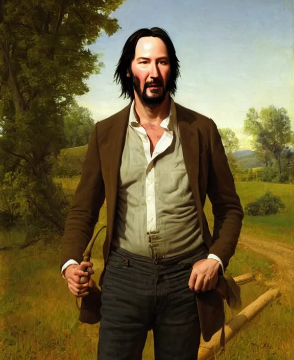 Prompt: portrait of keanu reeves as a kentucky farmhand, art by denys tsiperko and bogdan rezunenko and george caleb bingham, hyperrealism