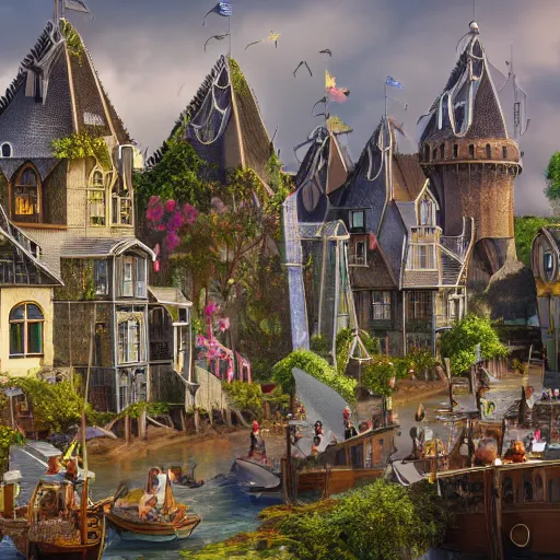 Prompt: a seaside magical village with witches and knights and a grand university of magic and science visible in the distance, inspired by victorian england and amsterdam, palm trees, highly detailed, intricate, digital painting, trending on artstation, concept art, matte painting, art by greg rutkwowski, craig mullins, octane render, 8 k, unreal engine