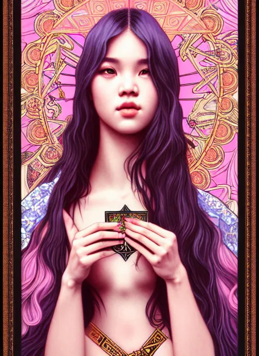 Prompt: jossi of blackpink, tarot card, highly detailed, digital painting, smooth, sharp focus, illustration, ultra realistic, 8 k, art by artgerm and alphonse mucha