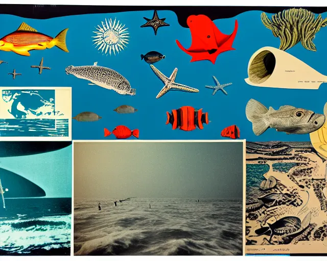 Image similar to footage of a theater stage, 1976 poster, cut out collage, film noir, beach of dawn on Neptun, epic theater, tropical sea creatures, nautical maps, grafitti in style of Ernst Haeckl, composition by Wed Anderson, written by Ernst Jandl, lens flare