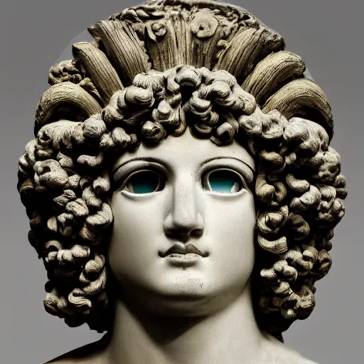 Image similar to antinous statue wearing venetian masquerade mask, symmetry, reflecting flower