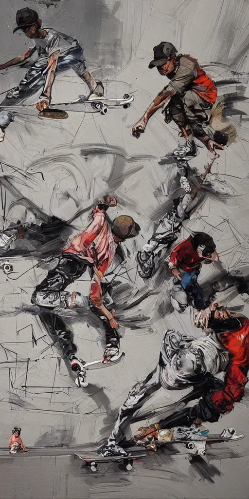 Image similar to oil painting scene skateboarders draw graffiti by kim jung gi