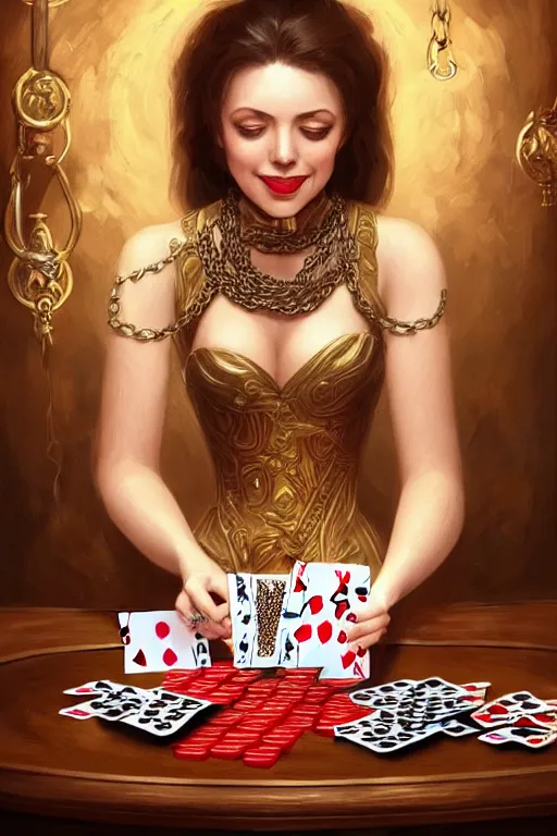 Image similar to very happy female magician looking the table full of playing cards, fantasy, intricate, elegant, highly detailed, digital painting, artstation, concept art, addiction, chains, smooth, sharp focus, illustration, art by ilja repin