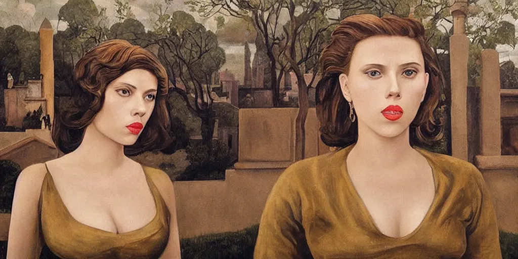 Image similar to Scarlett Johansson in a painting by Paul Delvaux