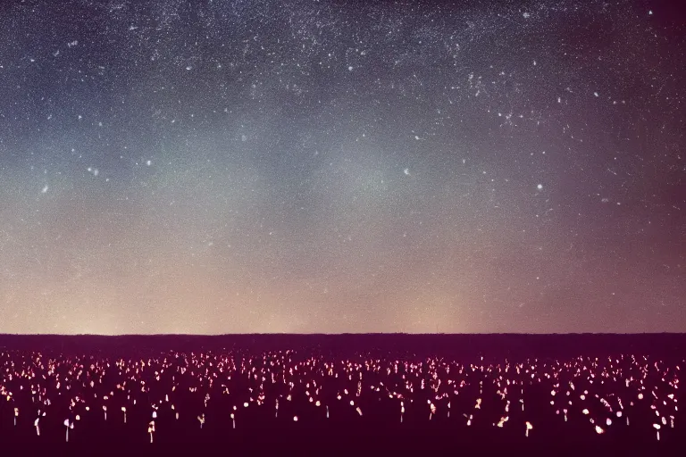 Prompt: many lights in a field, a large group of people standing in front of a sky filled with stars, a matte painting by beeple, unsplash, space art, 3 8 4 0 x 2 1 6 0, glowing lights, like fireflies, octane render