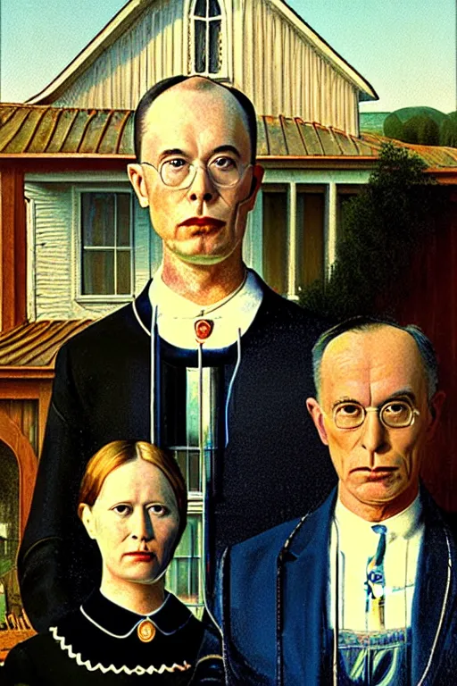 Prompt: Elon Musk with Dmitry Rogozin in style of a painting American Gothic by Grant Wood,