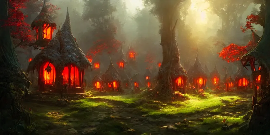 Prompt: Small elven village in deep lush forest with red lamp posts and wooden huts. In style of Greg Rutkowski, Jesper Ejsing, Makoto Shinkai, trending on ArtStation, fantasy, great composition, concept art, highly detailed, scenery, 8K, Behance.