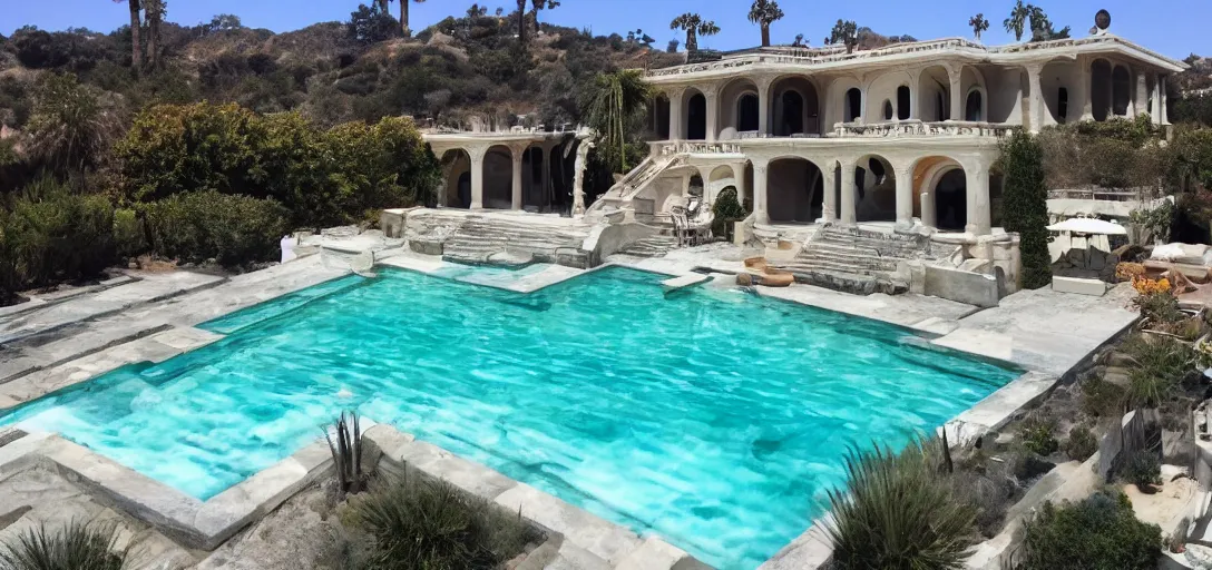 Image similar to house made of pentelic marble, designed by ictinus and callicrates. neptune pool from hearst castle in backyard. built in 1 9 5 9 in santa monica. fancy post - oscars party