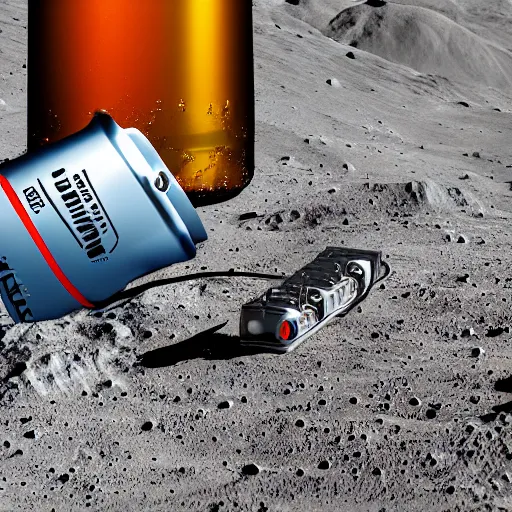 Prompt: photo of an idle realistic electric guitar and an idle realistic beer can next to one another on the moon surface. detailed