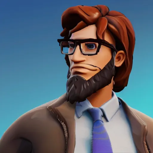 Prompt: a screenshot of a handsome guy with very long brownish! hair, with nerdy glasses in fortnite