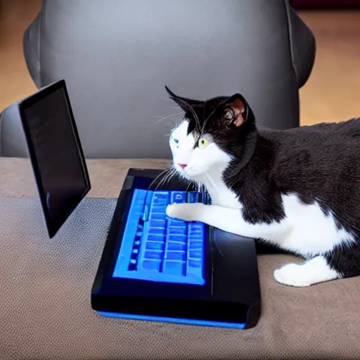 Image similar to A blue+black+cat+bat playing computer games