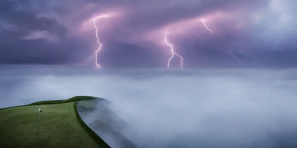 Prompt: a great photograph of the most amazing golf hole in the world, on top of the clouds, lightning storm, ambient light, golf digest, top 1 0 0, fog