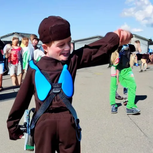 Prompt: eight year old kid flying with a chocolate milk jet pack