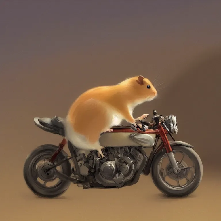 Image similar to a storybook illustration of a cute hamster riding a racing motorcycle, quiet night foggy scene painted by Edward Hopper masterpiece, intricate, elegant, fantasy, highly detailed, digital painting, concept art, sharp focus, artstation