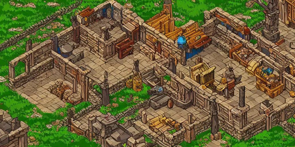 Prompt: A high detailed ìsometric vector art presenting an aerial view of a RPG tavern by Breath of Fire 4, Patreon content, containing tables and walls, HD, straight lines, vector, grid, dnd map, map patreon, fantasy maps, foundry vtt, fantasy grounds, aerial view ,dungeondraft , tabletop, inkarnate, dugeondraft, roll20