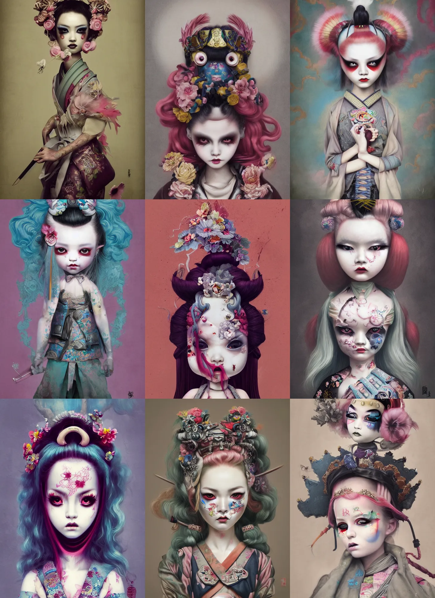 Prompt: samurai, pop surrealism, lowbrow art, rainbow porcelain doll samurai painting, japanese street fashion, hyper realism, muted colours, rococo, by natalie shau, loreta lux, tom bagshaw, mark ryden, trevor brown style,