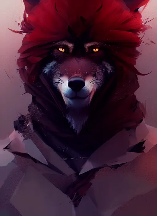 Prompt: award winning portrait of a male anthropomorphic black wolf long red hair. character design by cory loftis, fenghua zhong, ryohei hase, ismail inceoglu and ruan jia. artstation, artistic lighting, highly detailed, photorealistic, fantasy