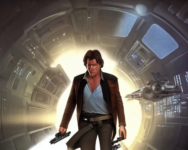 Image similar to the most amazing dream you ever had about han solo, harrison ford,, star wars, gta v, hyper realistic, ambient lighting, concept art, intricate, hyper detailed, smooth, volumetric lighting, george lucas, ralph mcquarrie, octane