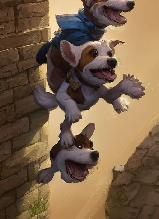 Image similar to adorable jack russel terrier jumping over a brick wall, fantasy art, artstation character design contest winner, trending on cgsociety, concept art, speedpaint, beautiful digital art, jesper ejsing, james jean, justin gerard, fenghua zhong, makoto shinkai, highly detailed