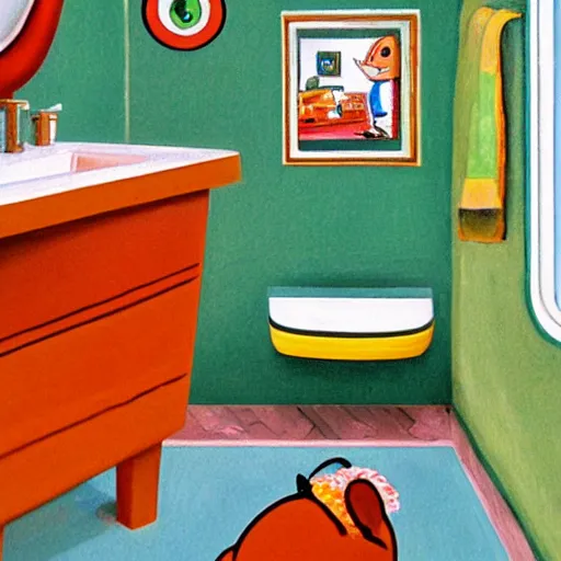 Image similar to photograph of a toilet. the toilet is covered in a painting by richard scarry