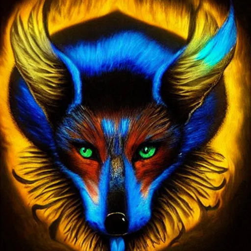 Image similar to a realistic blacklight black velvet painting of an avatar of an awesome foxfolk mage with a fox skull face, hummingbird feathers for fur, themed around death and astronomy, in the style of dnd beyond avatar portraits, beautiful, artistic, elegant, lens flare, magical, lens flare, nature, realism, stylized, art by jeff easley