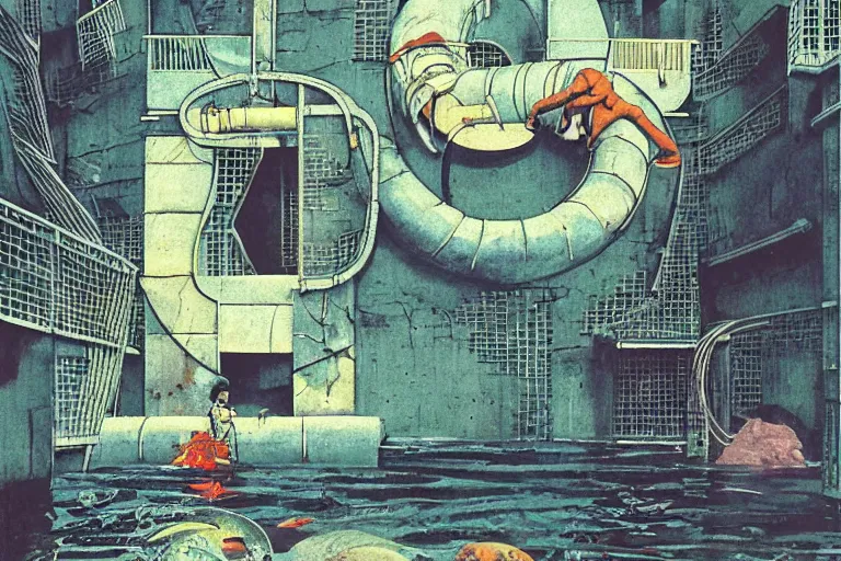 Image similar to 1 9 7 9 omni cover of a sewer pipe near spewing fish and trash into a moat in tokyo. entire background is a wall. art in cyberpunk style by dali, and vincent di fate