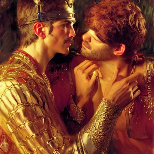 Prompt: attractive fully clothed king confesses his love for his attractive fully clothed male prince. highly detailed painting by gaston bussiere, craig mullins, j. c. leyendecker