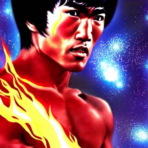 Image similar to bruce lee becoming empowered with the gift of fire, scifi, nebula reflections, futuristic background, dreamy, long white hair, blue android eyes, glowing, 8 k high definition, insanely detailed, intricate, innocent, art by akihiko yoshida, antilous chao, li zixin, woo kim