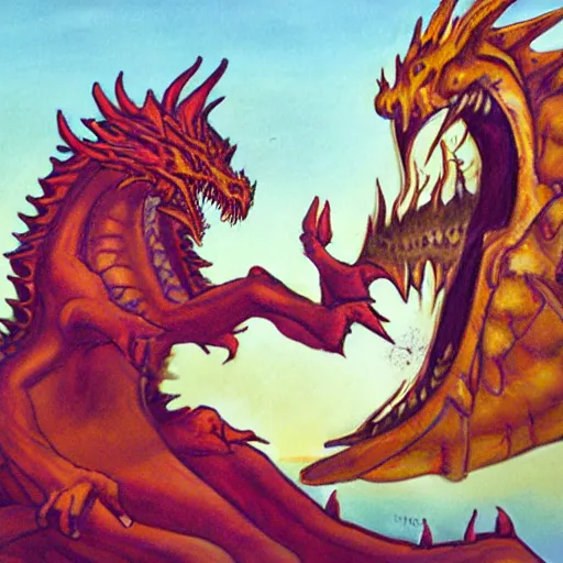 Image similar to woman is talking to a large dragon, art by Chris Achilleos ,