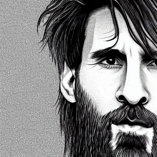 Prompt: illustration, Close-up portrait of Lionel Messi, long silver hair with a long beard, big nose, wearing a barca cape, katsuhiro tomo