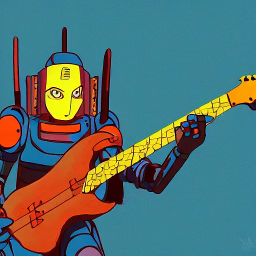 Image similar to A cell animation of a samurai robot playing guitar, Nausicaa of the Valley of the Wind, Miyazaki Hayao, ghibli style, illustration, azure tones, vintage colors, anime, trending on artstation