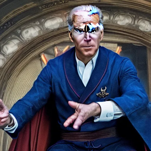 Prompt: Joe Biden as Dr. Strange. Movie still frame. 4K UHD.