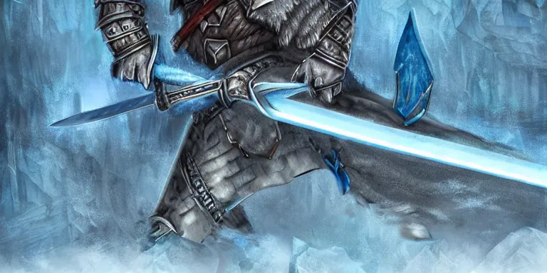 Image similar to glacier warrior sword blade, blue snow theme sword blade, fantasy sword of warrior, armored sword blade, glacier coloring, epic fantasy style art, fantasy epic digital art, epic fantasy weapon art