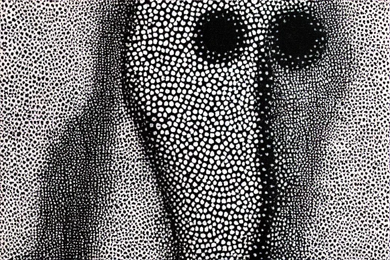 Image similar to anxiety, faceless people dark, dots, drip, stipple, pointillism, technical, abstract, minimal, style of francis bacon, asymmetry, pulled apart, cloak, eerie, made of dots, abstract, balaclava mask, colored dots, sploch