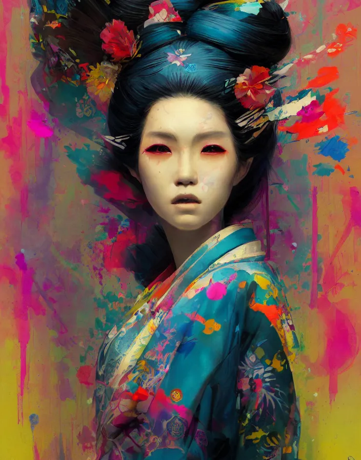 Image similar to a portrait of a geisha wearing a colorful kimono with graffiti tags, volume lighting, concept art, by greg rutkowski!!, colorful, xray melting colors!!