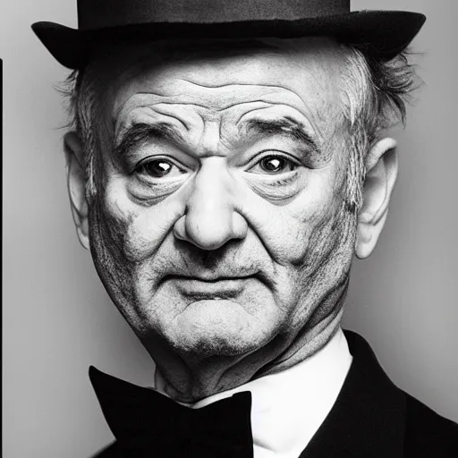 Image similar to black and white mugshot, bill murray, he is wearing a top hat, wearing bandit mask