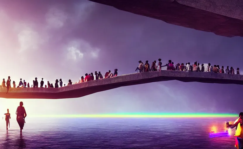Image similar to incredible, refugees crossing a mindblowingly beautiful bridge made of rainbow hardlight, to a floating city in the sky, matte painting, artstation, solarpunk, cgsociety, dramatic lighting, concept art, octane render, arnold 3 d render