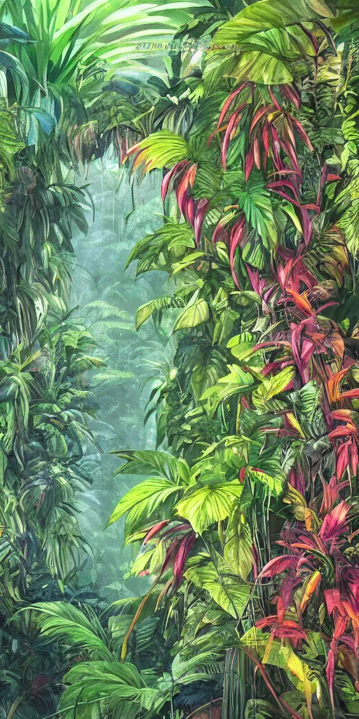 Prompt: deep in the jungle with exotic plant life, tropical plants, natural botanical gardens, vines, acrylic painting, artstation, concept art, award winning,