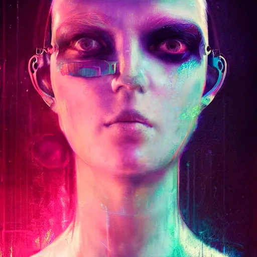 Prompt: female cyberpunk portrait by cy Twombly and BASTIEN LECOUFFE DEHARME, iridescent, volumetric lighting, neon glow