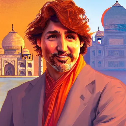 Image similar to portrait justin trudeau wearing orange pheta, setting taj mahal, ssci - fi and fantasy, intricate highly detailed digital painting, artstation, concept art, smooth and sharp focus, illustration, art by tan zi and ayanamikodon and alphonse mucha and wlop