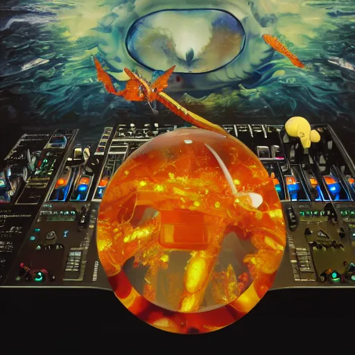 Image similar to surreal gouache painting, by yoshitaka amano, by ruan jia, by Conrad roset, by good smile company, detailed anime 3d render of big transparent amber stone in the center of the screen with a magical dragonfly inside. dragonfly inside an amber stone, amber stone on the Dj mixer, Surrounded by a big DJ Mixer, Controller deck, portrait, cgsociety, artstation, rococo mechanical and Digital and electronic, dieselpunk atmosphere